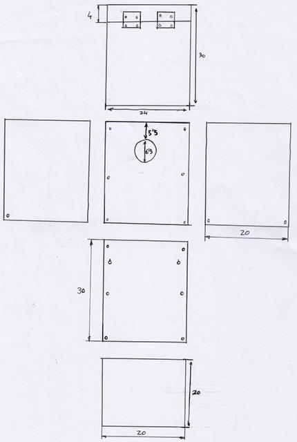 Plano del despiece de la caja nido de autillo que construimos en el taller. Las unidades están expresadas en centímetros.